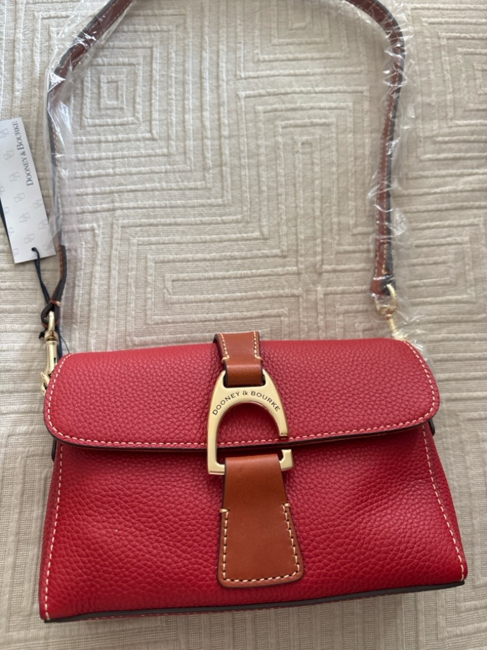 Dooney & Bourke Red Leather Shoulder Bag with Brown Trim and Gold Hardware - Picture 2 of 6